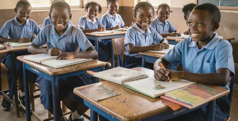 Pupils in a Kenyan primary classroom smiling as they work at their desks