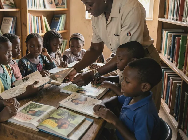 A teacher reading with a group of children in a school library