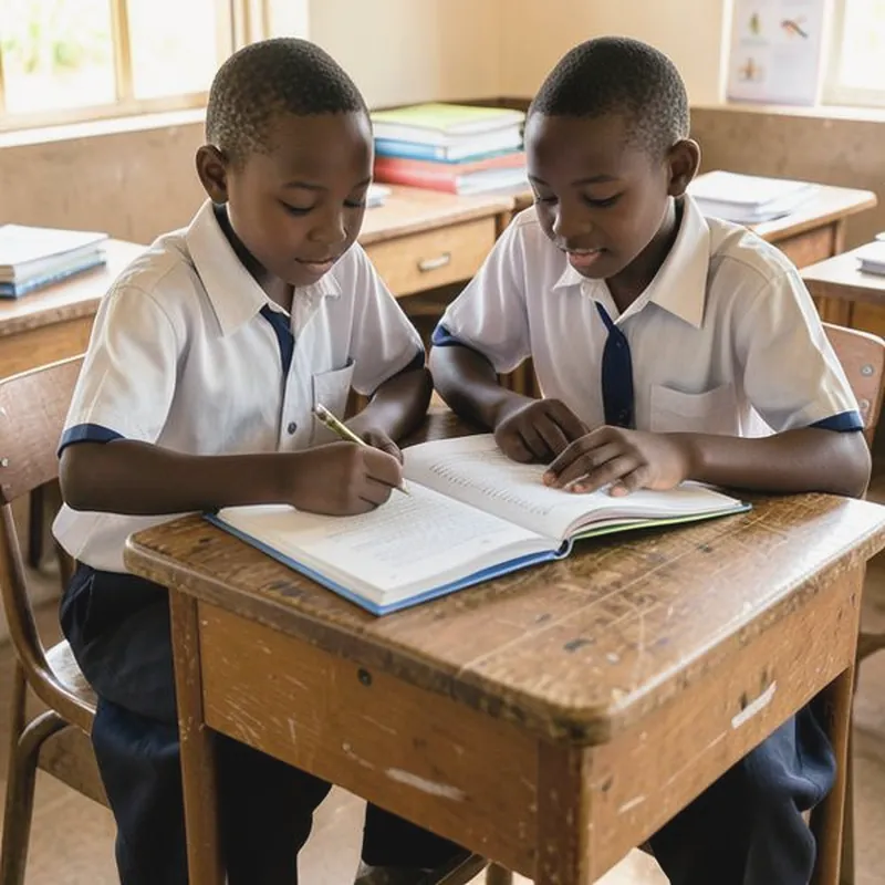 Two pupils reading a textbook together at a classroom desk
